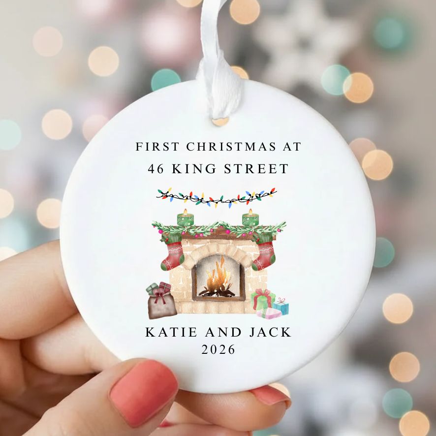 Personalised First Christmas At New Home Ceramic Bauble Fireplace Gift