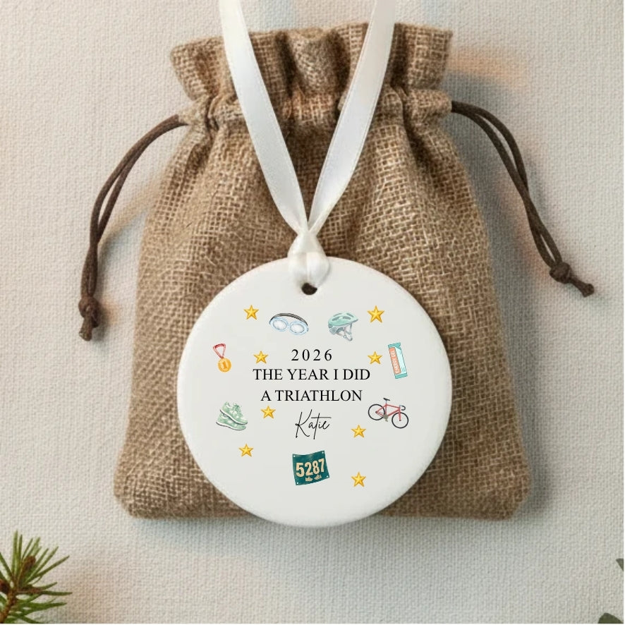 Personalised The Year I Did A Triathlon Ceramic Christmas Bauble Gift