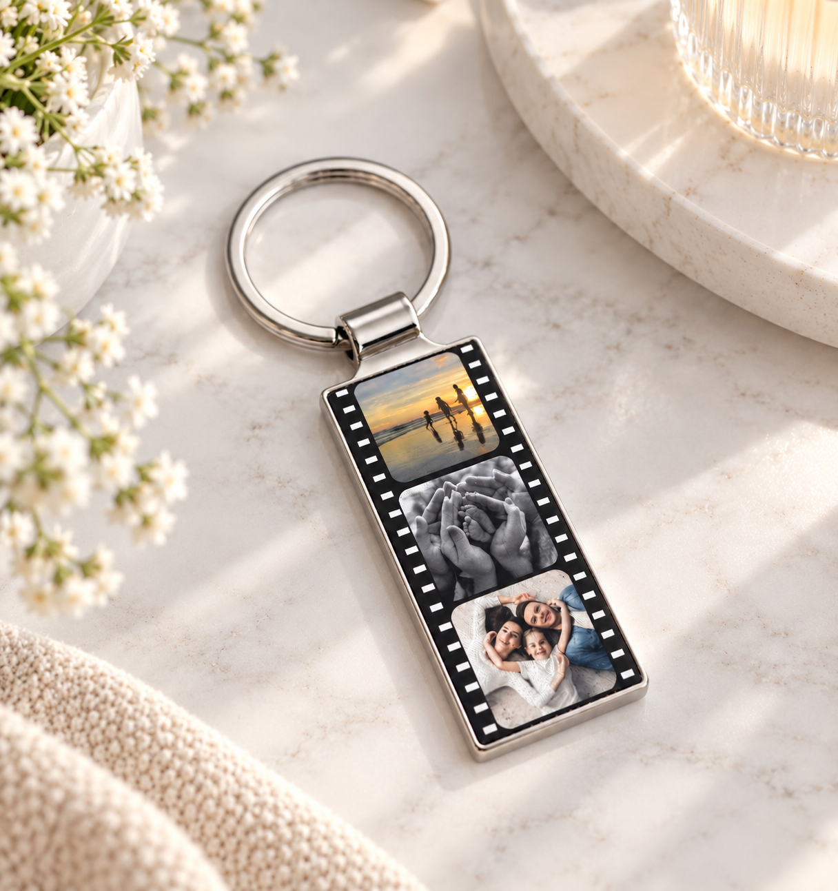 Personalised Camera Film Strip Three Photo Metal Keyring