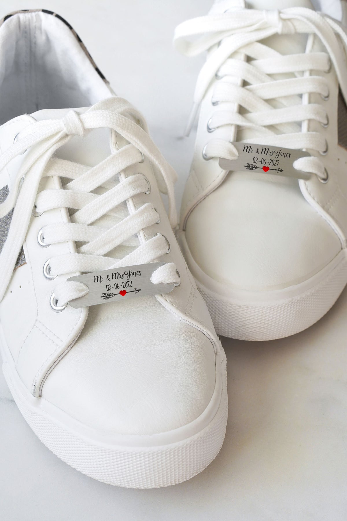 Personalised Pair Of Wedding Metal Trainer Tags For Bride