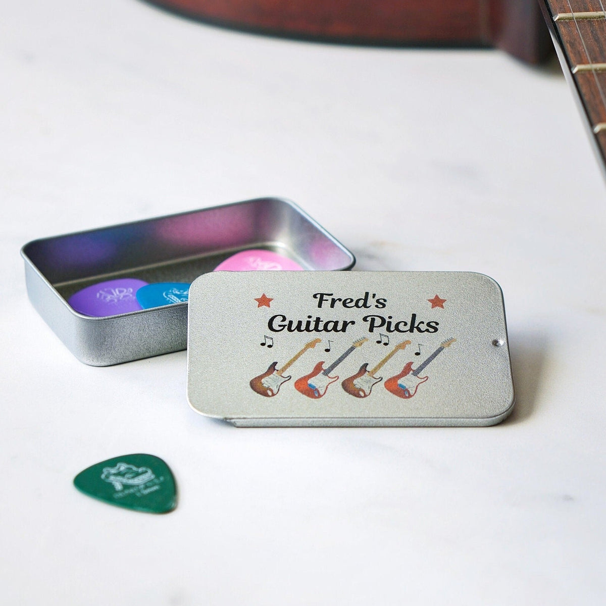 Personalised Name Guitar Plectrum Pick Metal Storage Tin