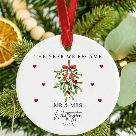 Personalised The Year We Became Mr & Mrs Ceramic Christmas Bauble Gift