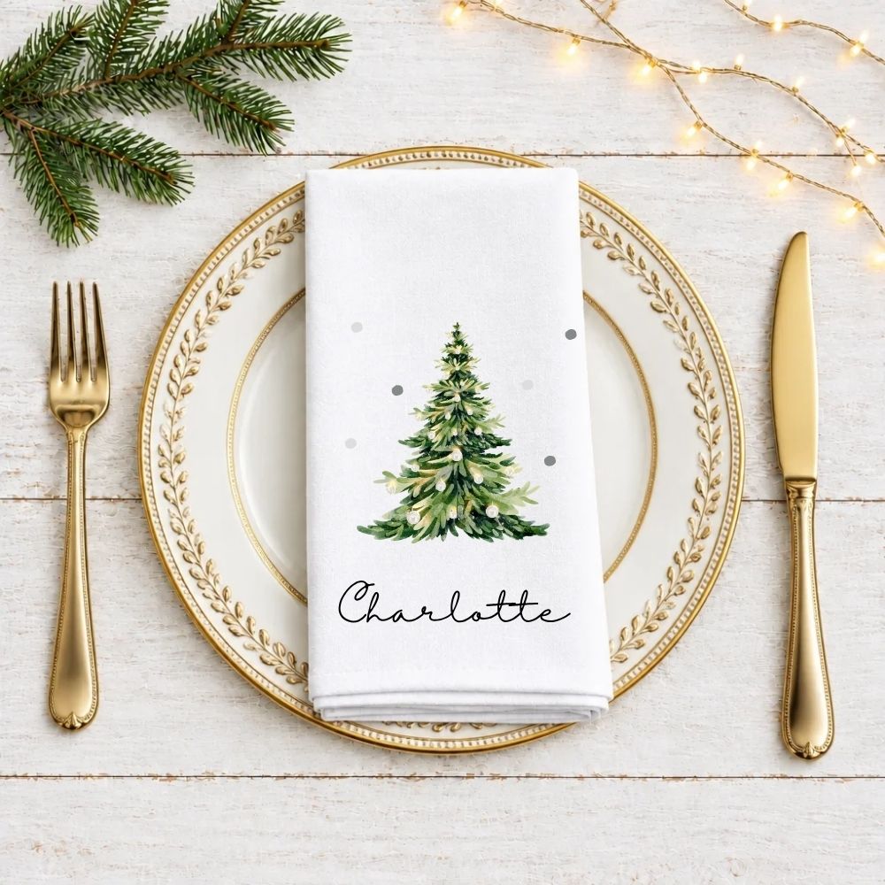 Personalised Christmas Table Setting Cloth Napkin | Watercolour Tree Fabric Napkin