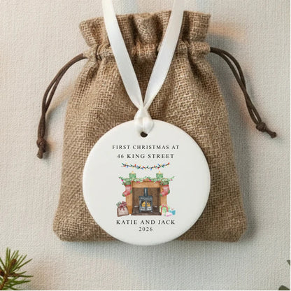 Personalised First Christmas At New Home Ceramic Bauble Fireplace Gift
