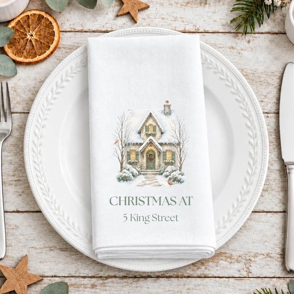Personalised Street Name Christmas House Fabric Napkin | Christmas Cloth Napkin
