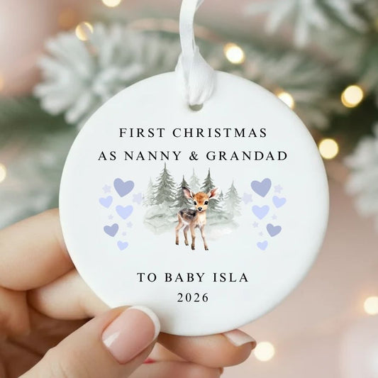 Personalised First Christmas As Nanny & Grandad Ceramic Christmas Bauble