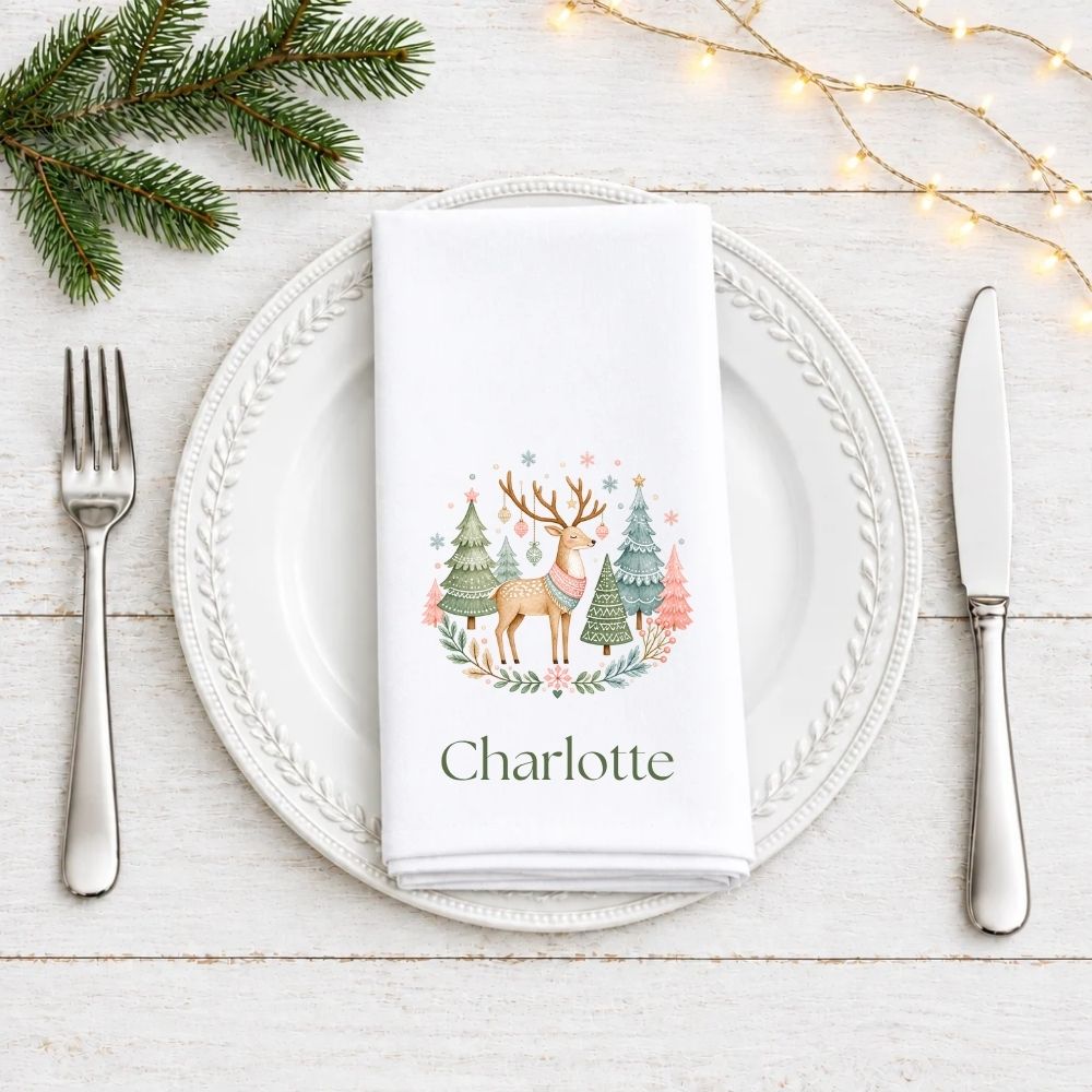 Personalised Scandi Whimsical Christmas Fabric Napkin | Woodland Christmas Cloth Napkin