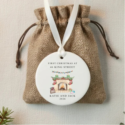 Personalised First Christmas At New Home Ceramic Bauble Fireplace Gift