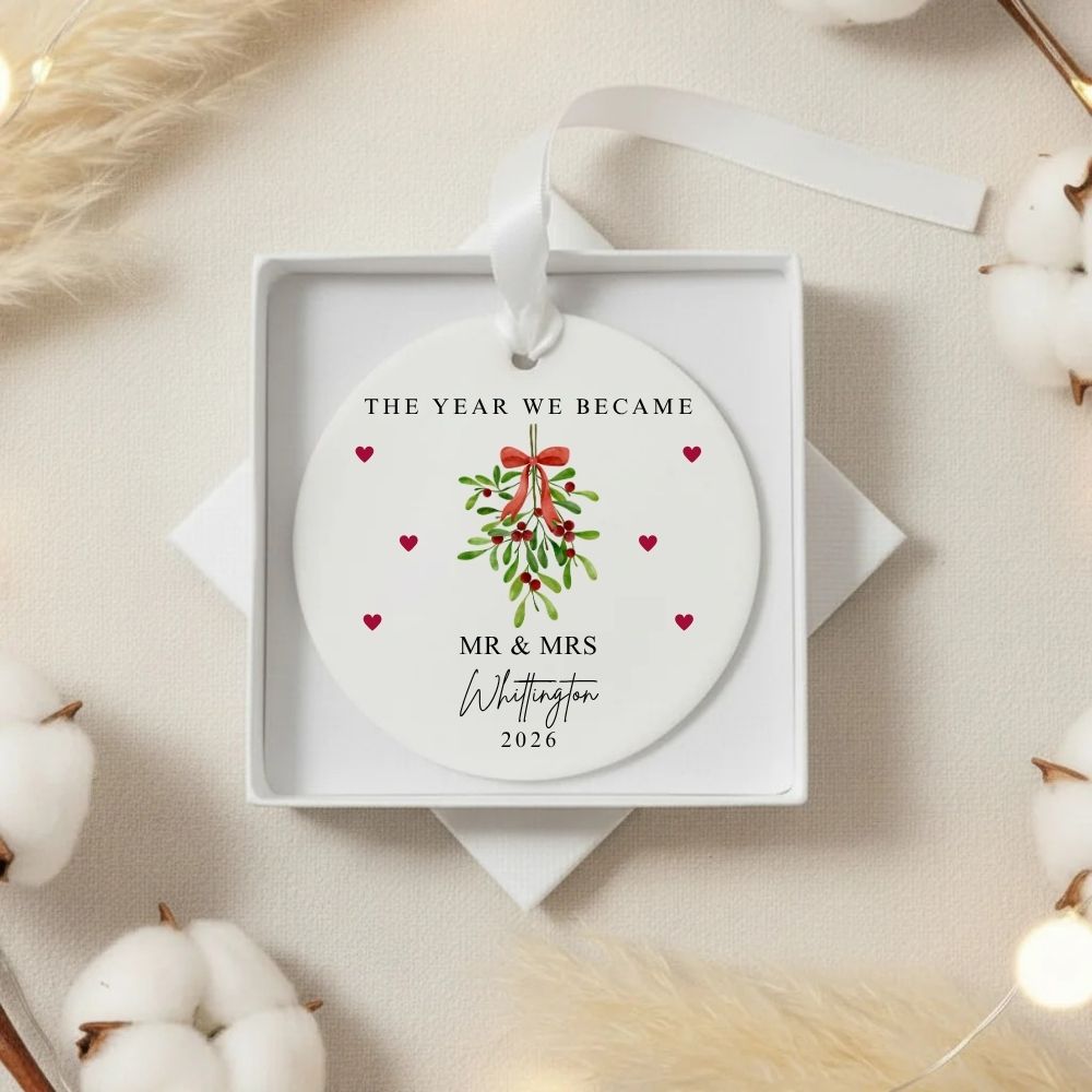 Personalised The Year We Became Mr & Mrs Ceramic Christmas Bauble Gift
