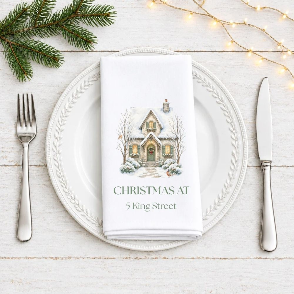 Personalised Street Name Christmas House Fabric Napkin | Christmas Cloth Napkin