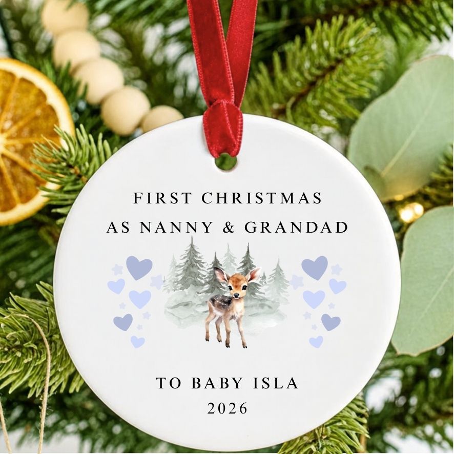 Personalised First Christmas As Nanny & Grandad Ceramic Christmas Bauble