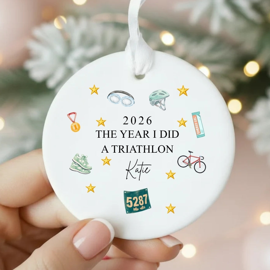 Personalised The Year I Did A Triathlon Ceramic Christmas Bauble Gift