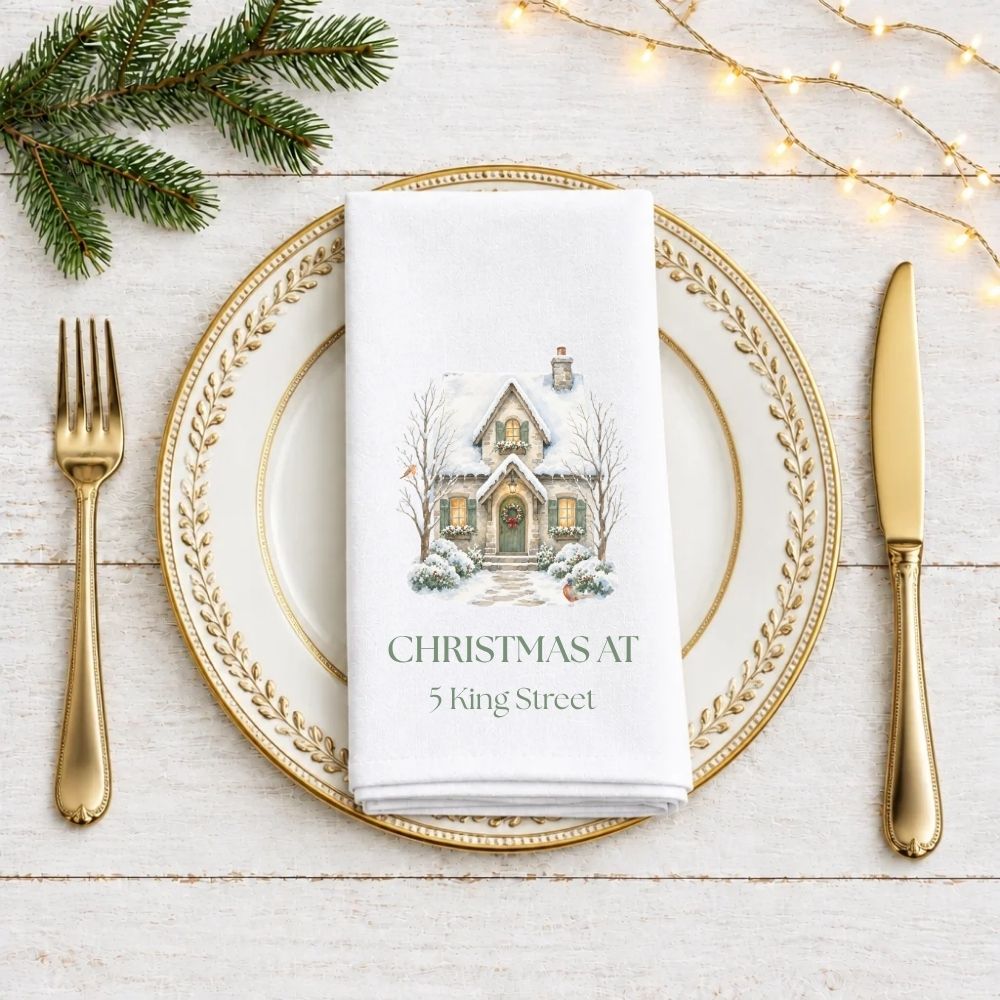 Personalised Street Name Christmas House Fabric Napkin | Christmas Cloth Napkin