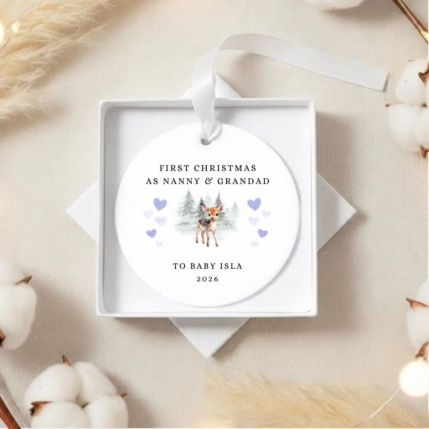 Personalised First Christmas As Nanny & Grandad Ceramic Christmas Bauble