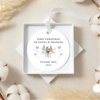 Personalised First Christmas As Nanny & Grandad Ceramic Christmas Bauble