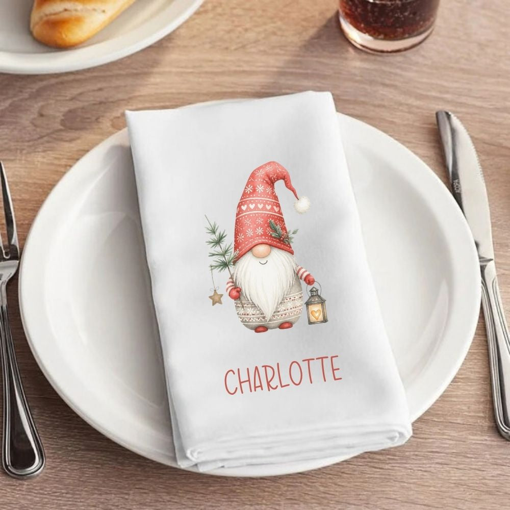 Personalised Christmas Cloth Table Napkin | Scandi Gonk Christmas Gnome Design