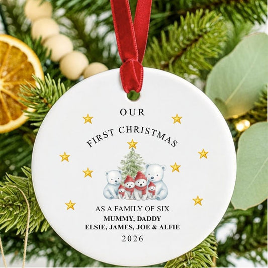 Personalised First Christmas As Family Of Six Bears Ceramic Gift Christmas Bauble