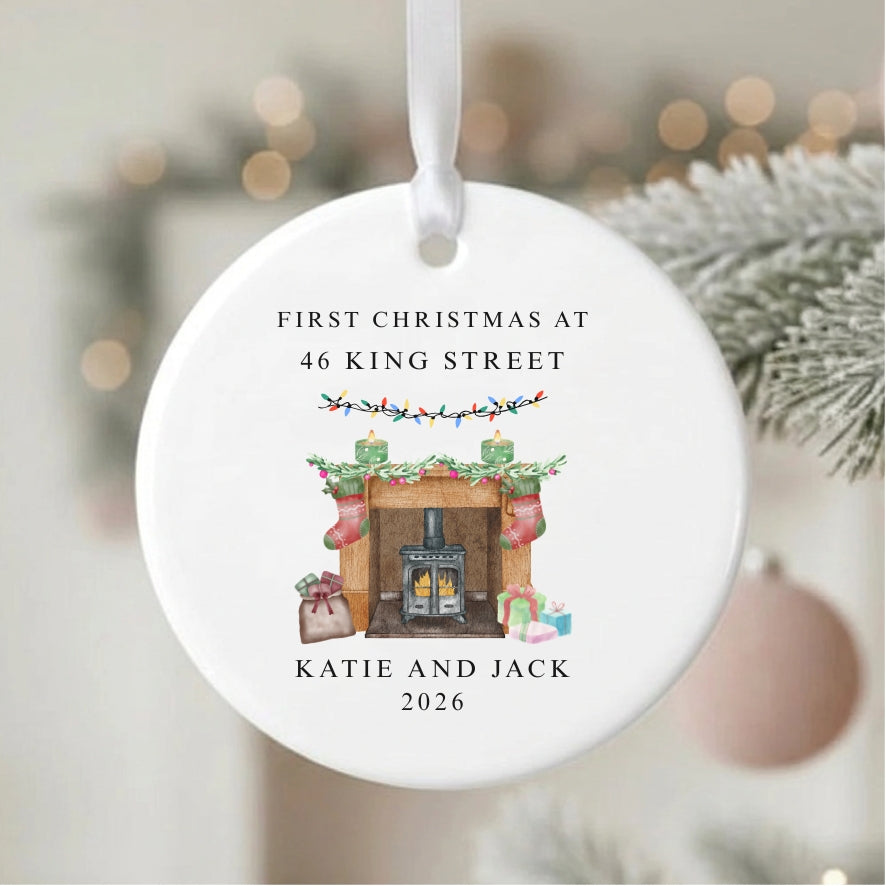 Personalised First Christmas At New Home Ceramic Bauble Fireplace Gift
