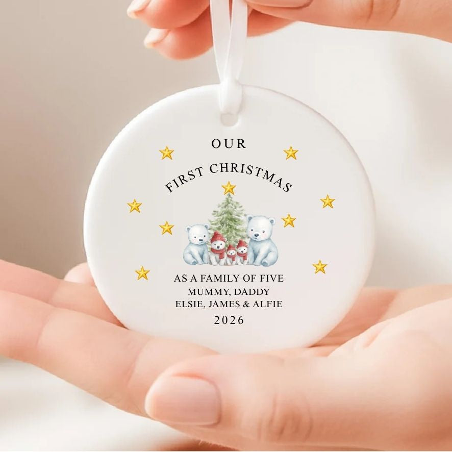Personalised First Christmas As A Family Of Five Bears Ceramic Bauble Gift