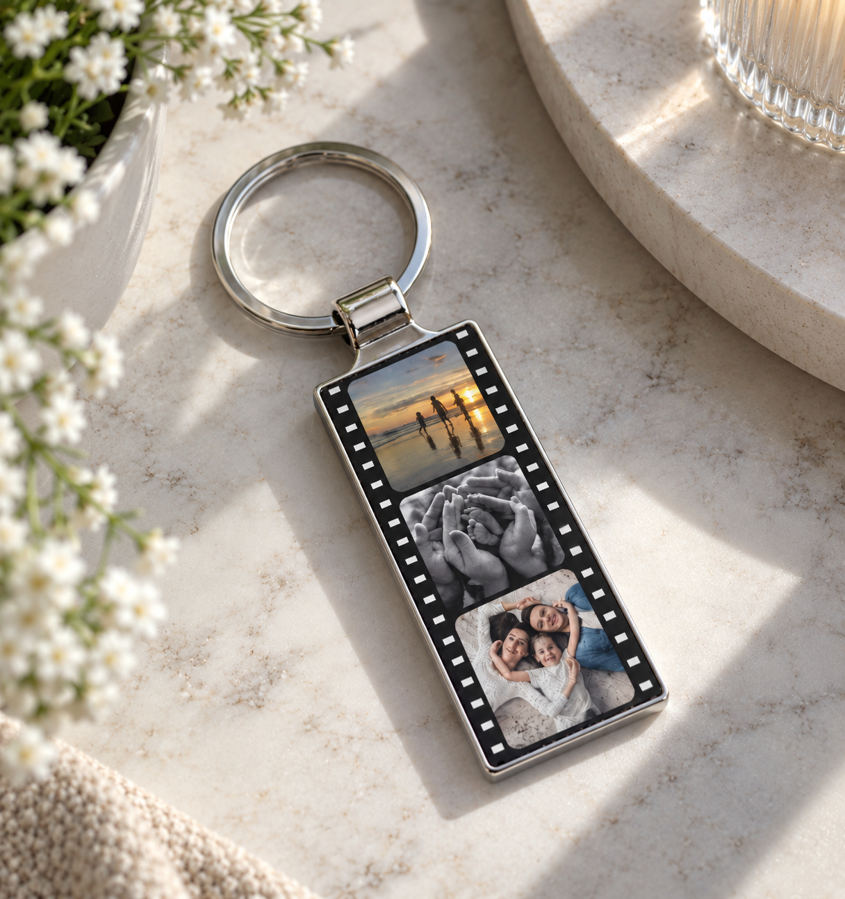 Personalised Camera Film Strip Three Photo Metal Keyring