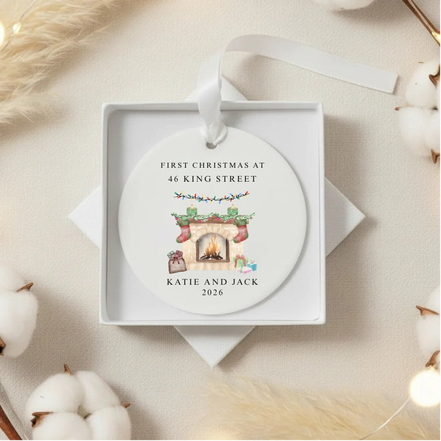 Personalised First Christmas At New Home Ceramic Bauble Fireplace Gift