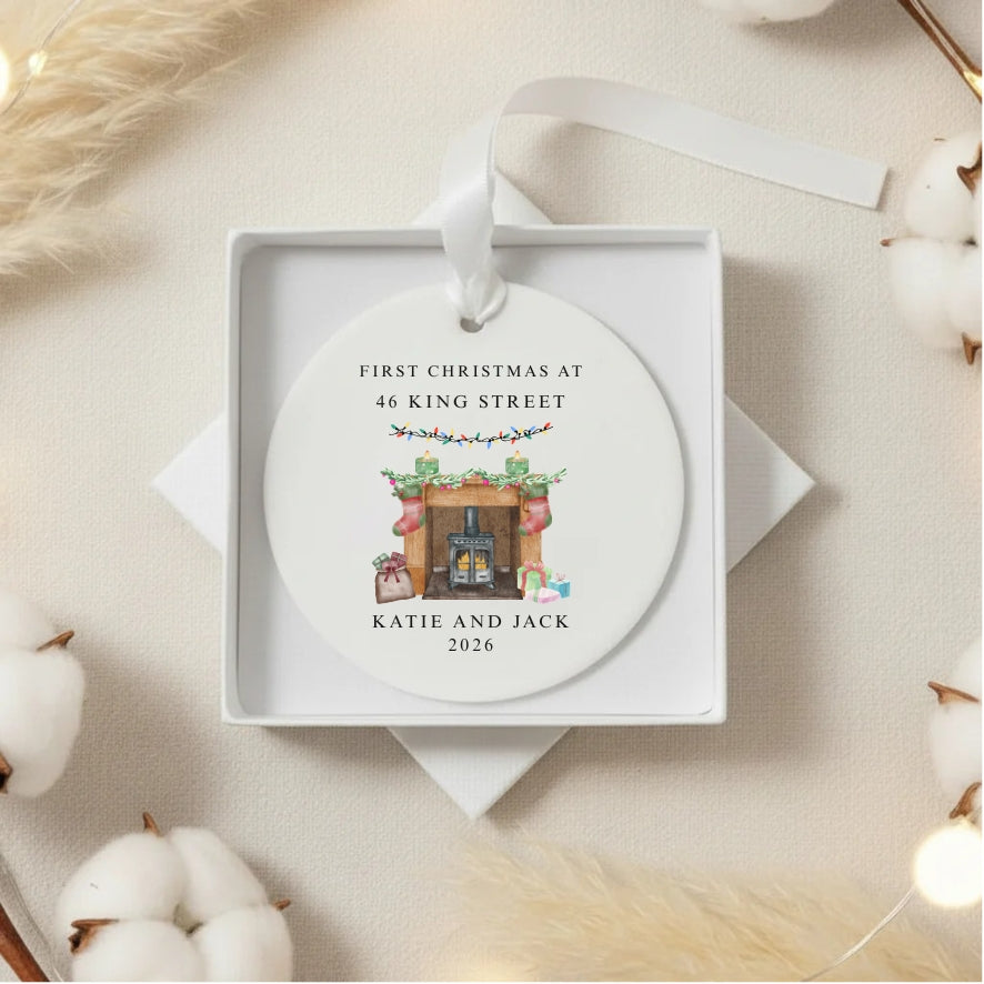 Personalised First Christmas At New Home Ceramic Bauble Fireplace Gift