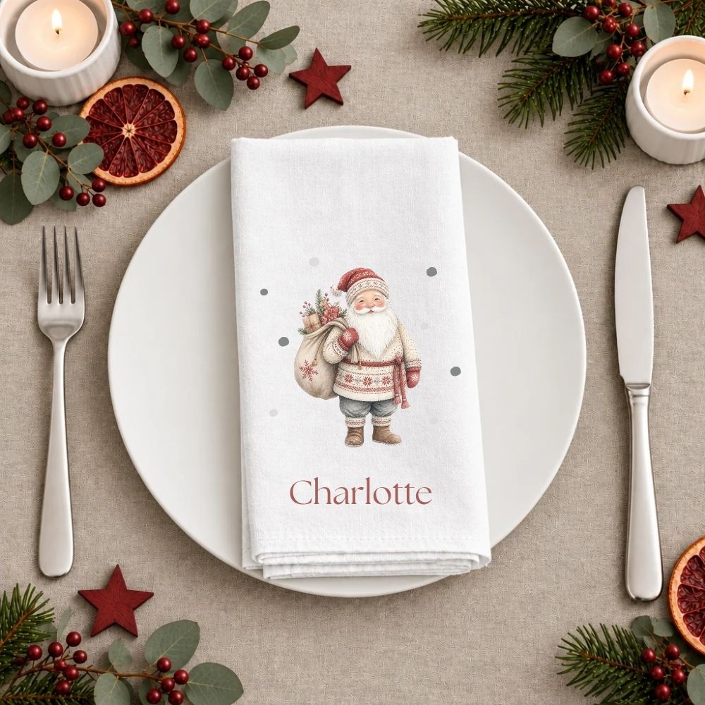 Personalised Scandi Santa Claus Fabric Napkin | Christmas Cloth Napkin