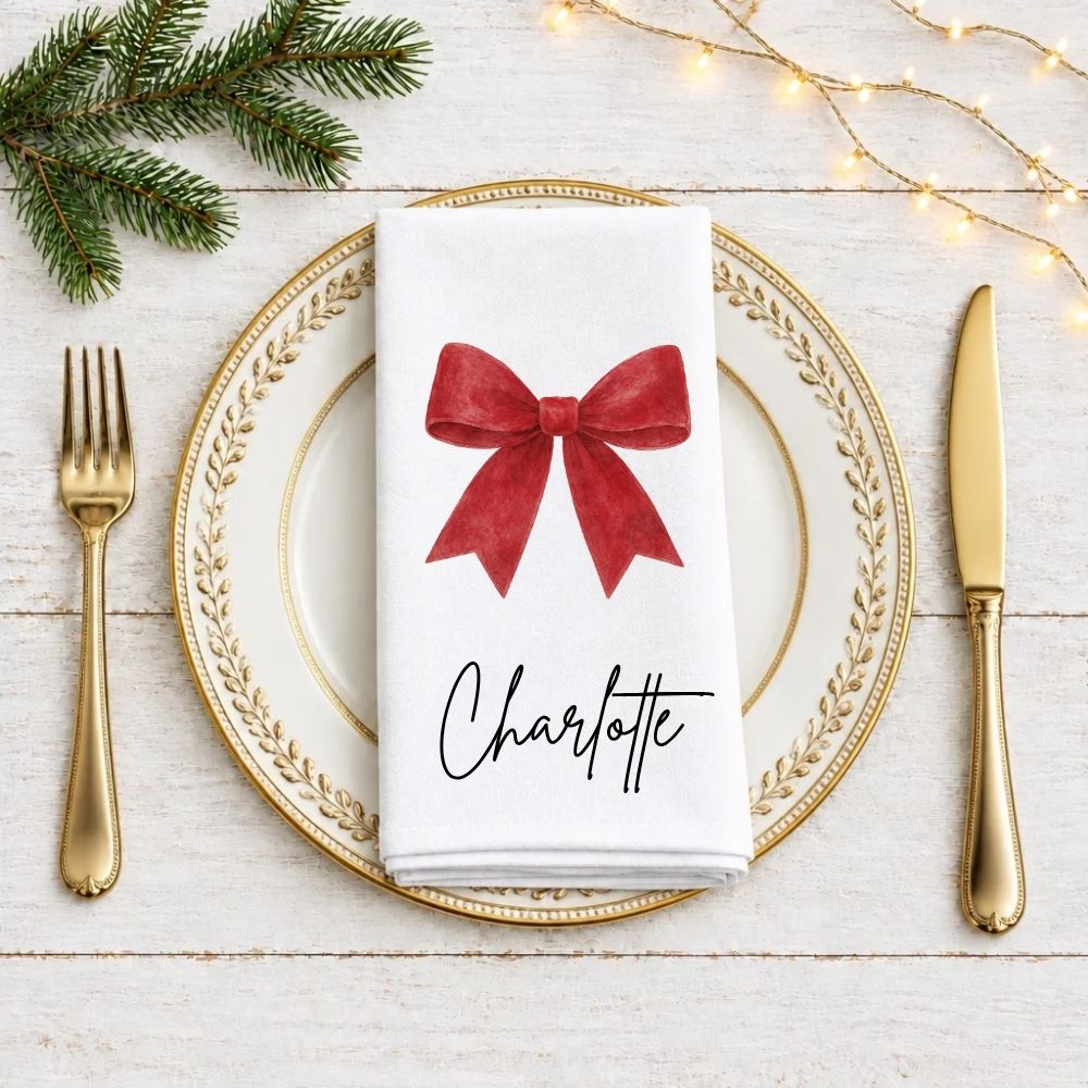Personalised Red Bow Christmas Fabric Napkin | Christmas Cloth Napkin