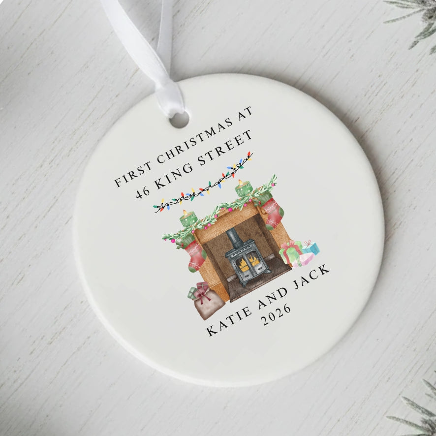 Personalised First Christmas At New Home Ceramic Bauble Fireplace Gift