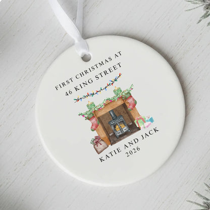 Personalised First Christmas At New Home Ceramic Bauble Fireplace Gift