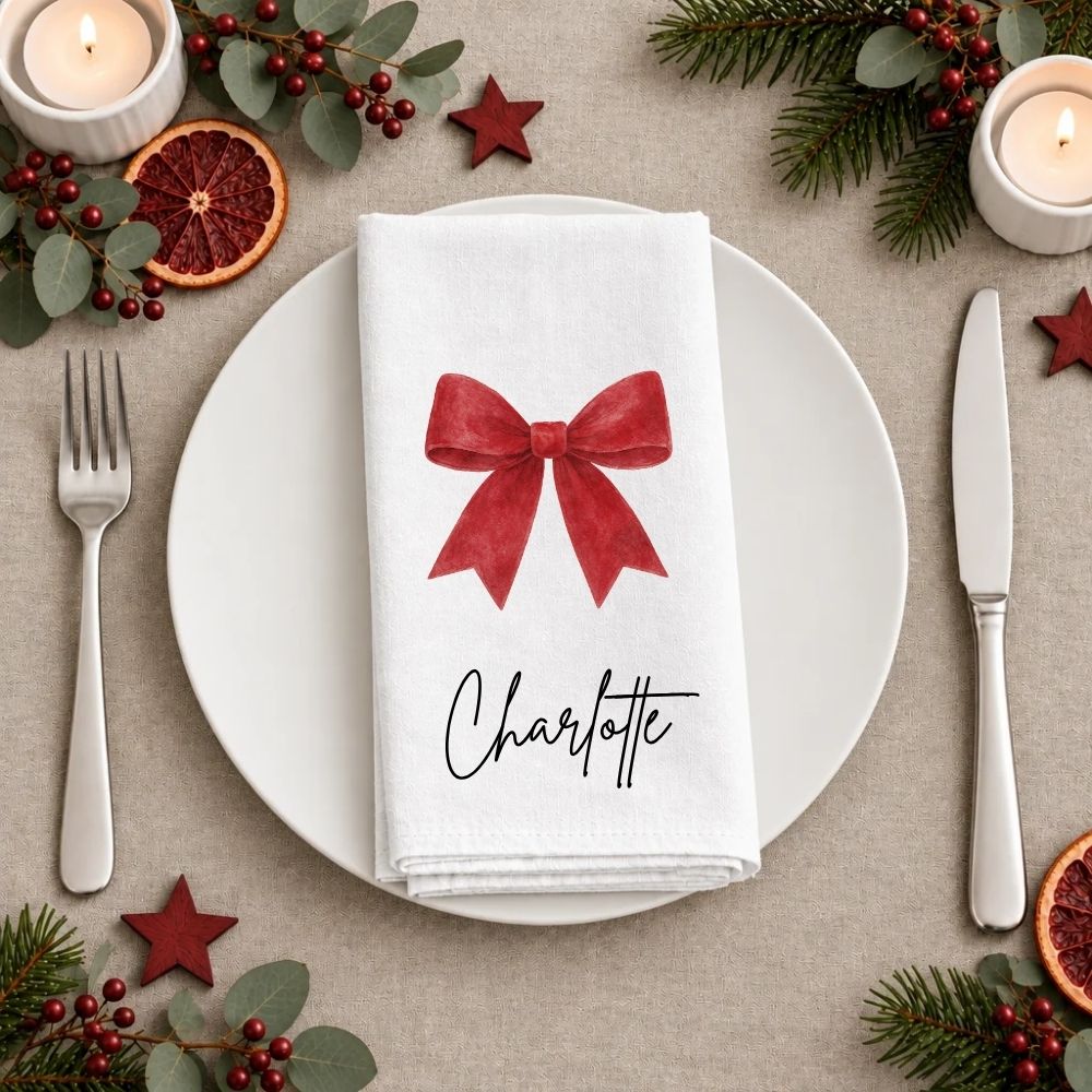 Personalised Red Bow Christmas Fabric Napkin | Christmas Cloth Napkin