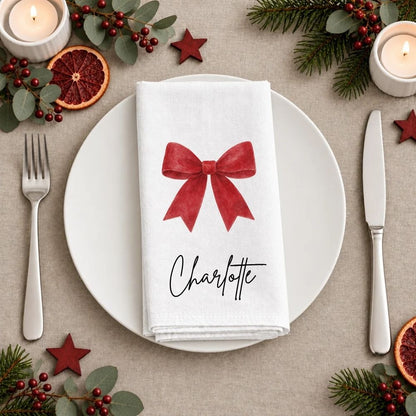 Personalised Red Bow Christmas Fabric Napkin | Christmas Cloth Napkin