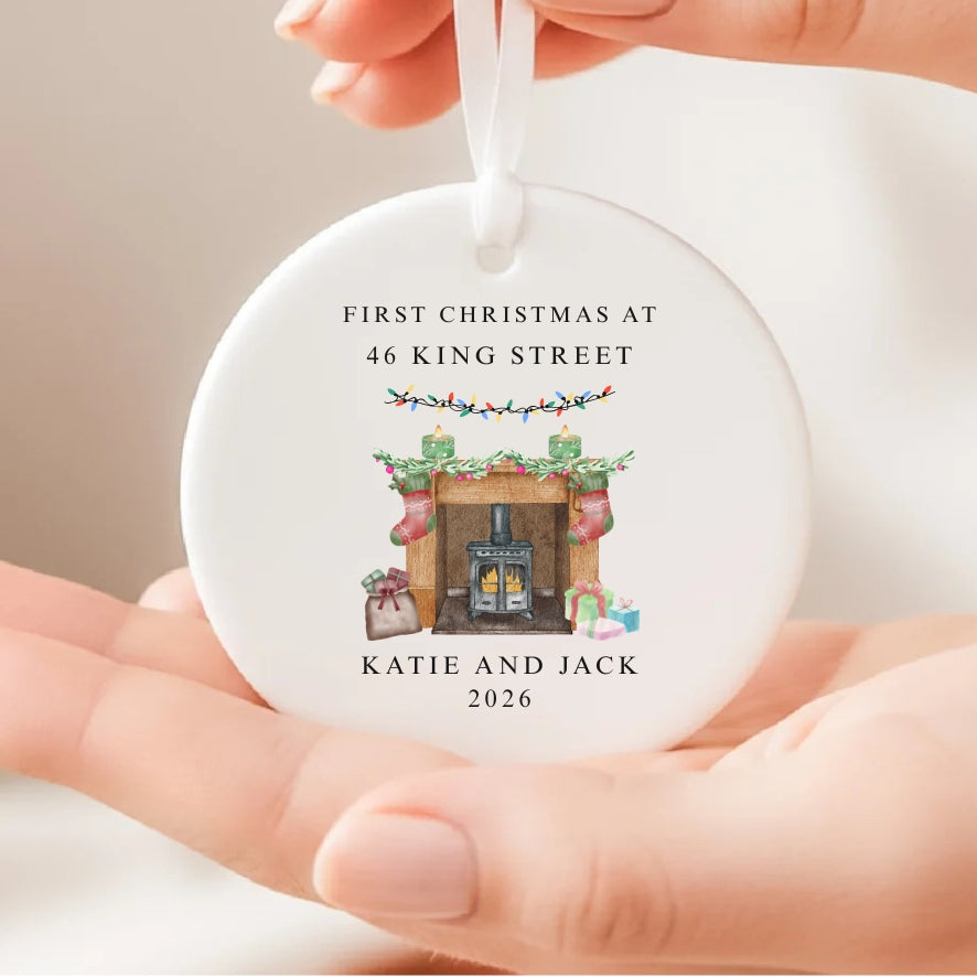 Personalised First Christmas At New Home Ceramic Bauble Fireplace Gift