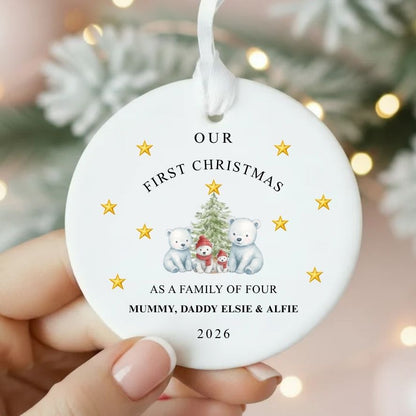 Personalised First Christmas As A Family Of Four Bears Ceramic Bauble