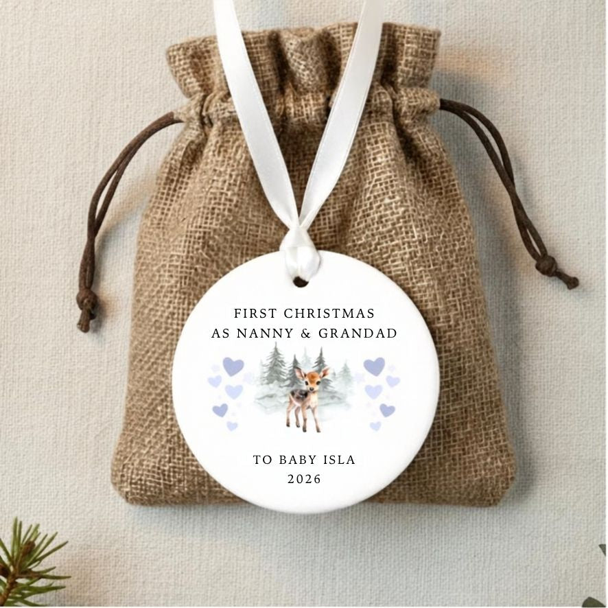 Personalised First Christmas As Nanny & Grandad Ceramic Christmas Bauble