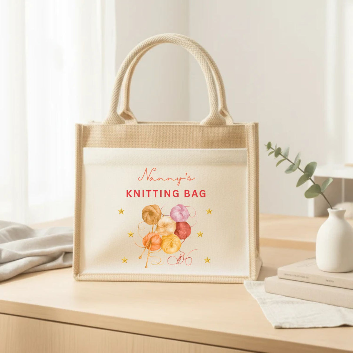 Personalised Knitting Wool Storage Craft Jute Bag Gift
