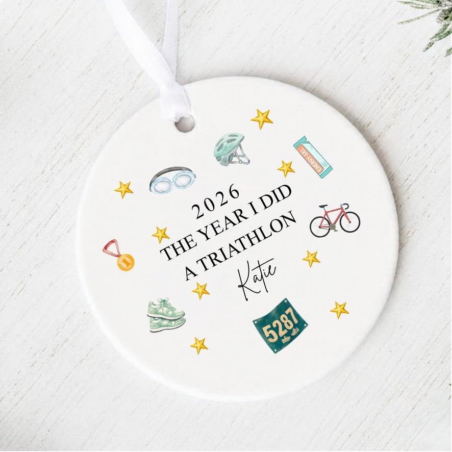 Personalised The Year I Did A Triathlon Ceramic Christmas Bauble Gift