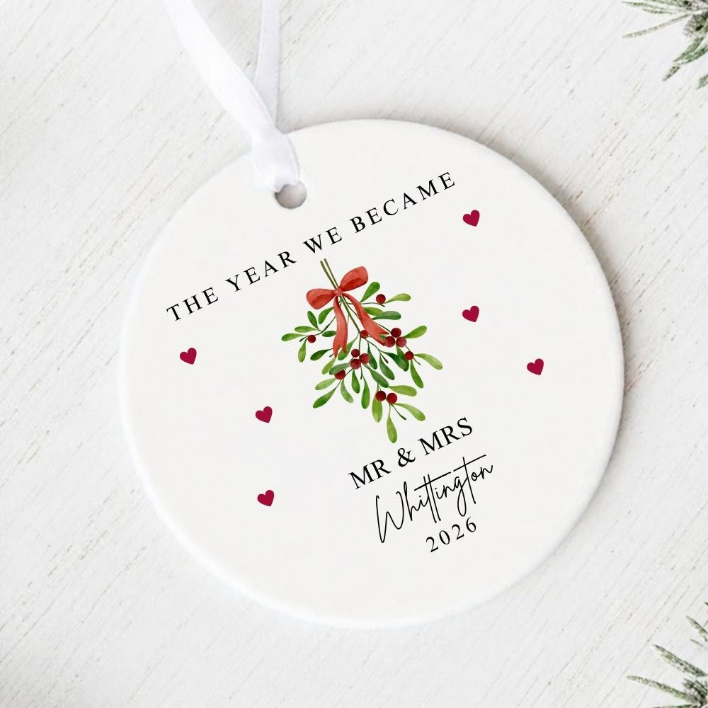 Personalised The Year We Became Mr & Mrs Ceramic Christmas Bauble Gift