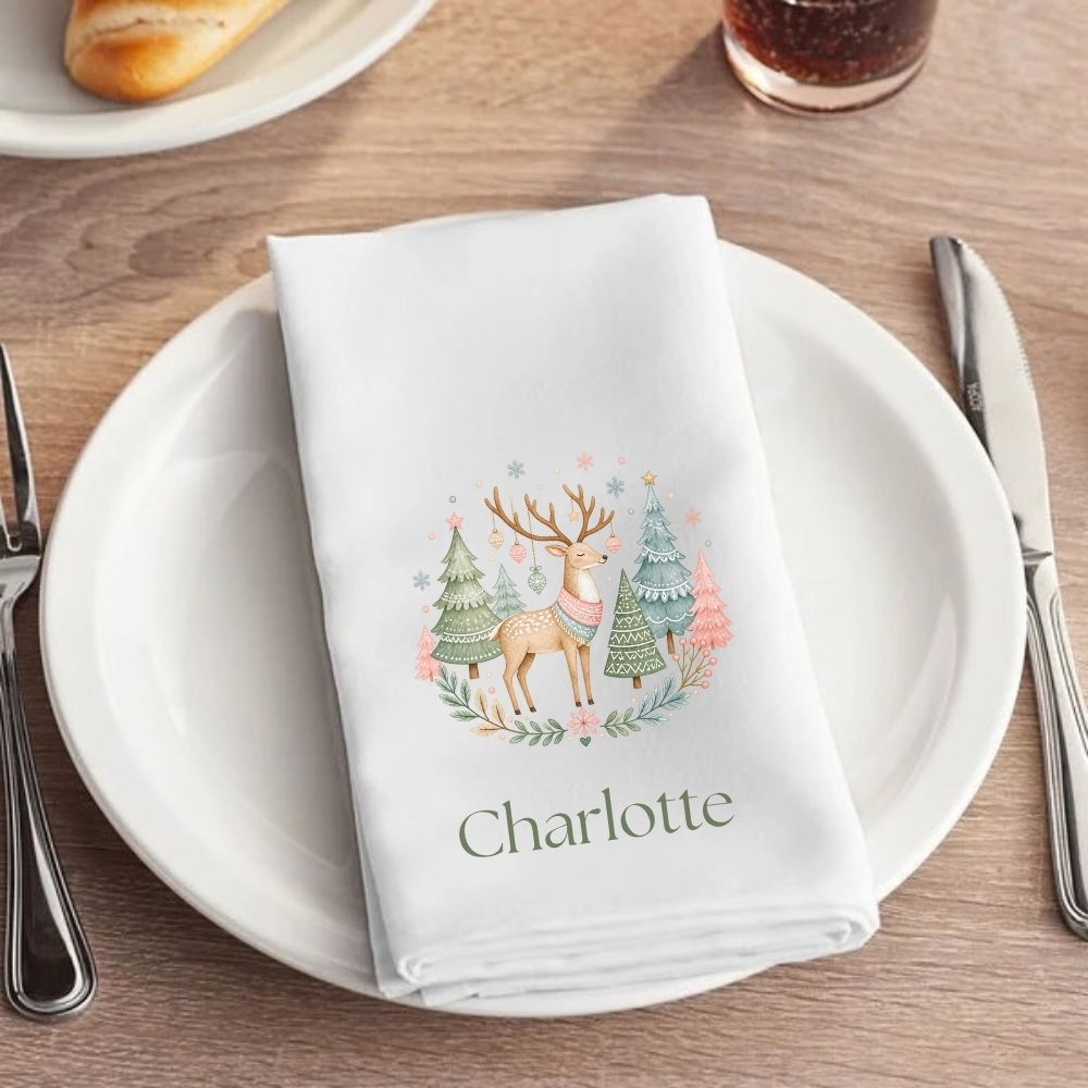 Personalised Scandi Whimsical Christmas Fabric Napkin | Woodland Christmas Cloth Napkin