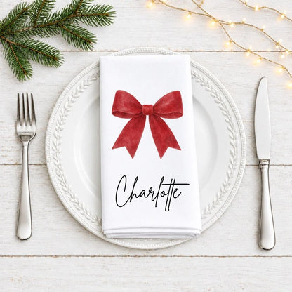 Personalised Red Bow Christmas Fabric Napkin | Christmas Cloth Napkin