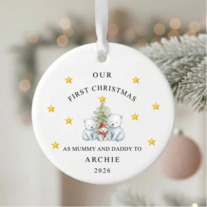 Personalised First Christmas As Mummy & Daddy To Baby Ceramic Bauble