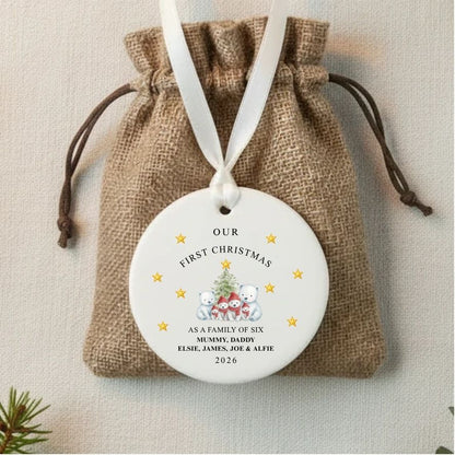 Personalised First Christmas As Family Of Six Bears Ceramic Gift Christmas Bauble