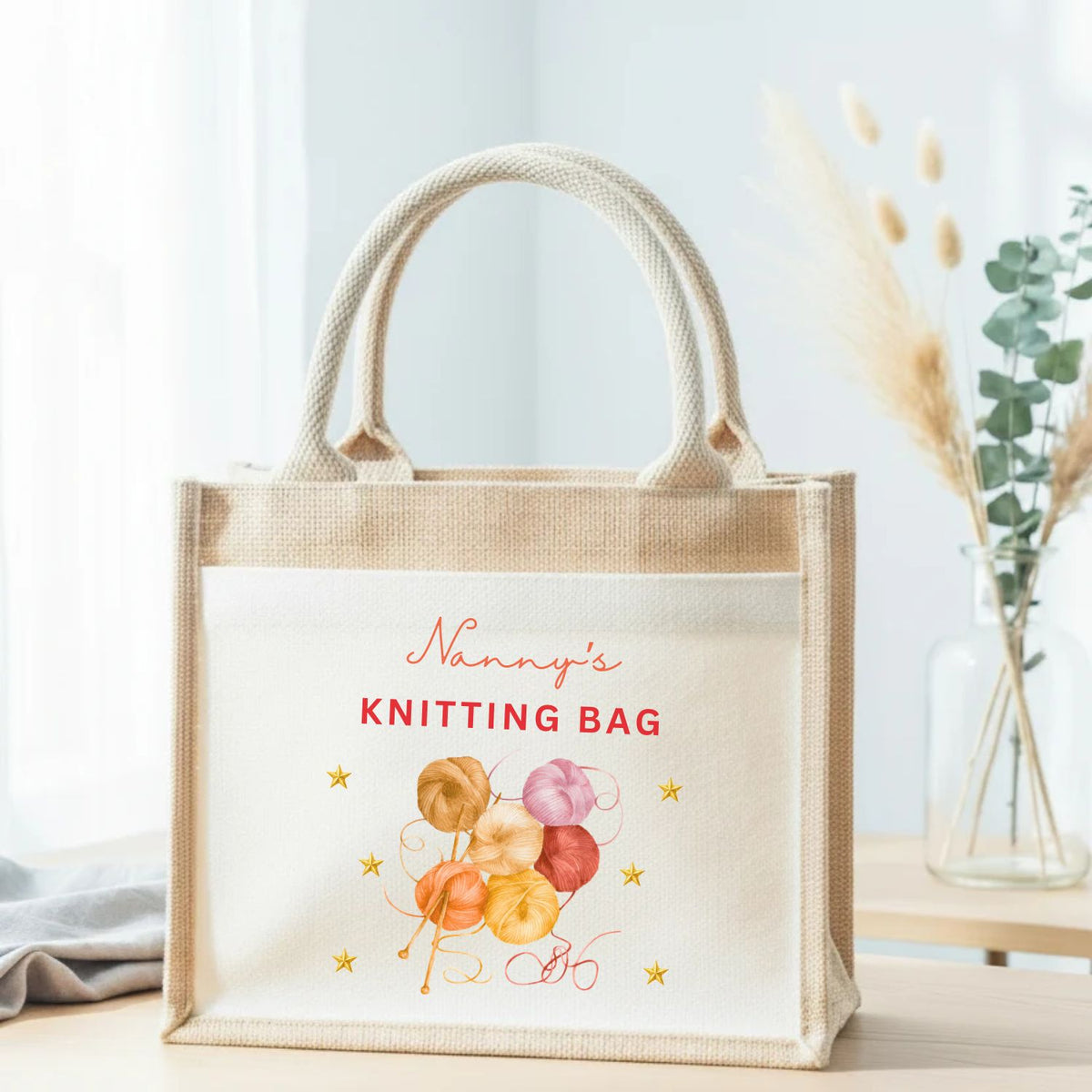 Personalised Knitting Wool Storage Craft Jute Bag Gift