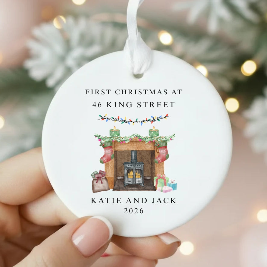 Personalised First Christmas At New Home Ceramic Bauble Fireplace Gift