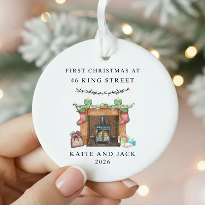Personalised First Christmas At New Home Ceramic Bauble Fireplace Gift