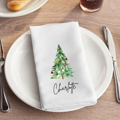 Personalised Watercolour Christmas Tree with Baubles Fabric Napkin | Christmas Cloth Napkin