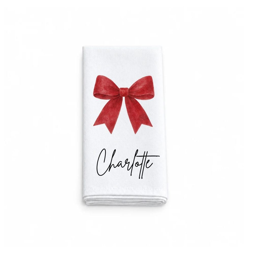 Personalised Red Bow Christmas Fabric Napkin | Christmas Cloth Napkin