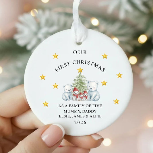 Personalised First Christmas As A Family Of Five Bears Ceramic Bauble Gift