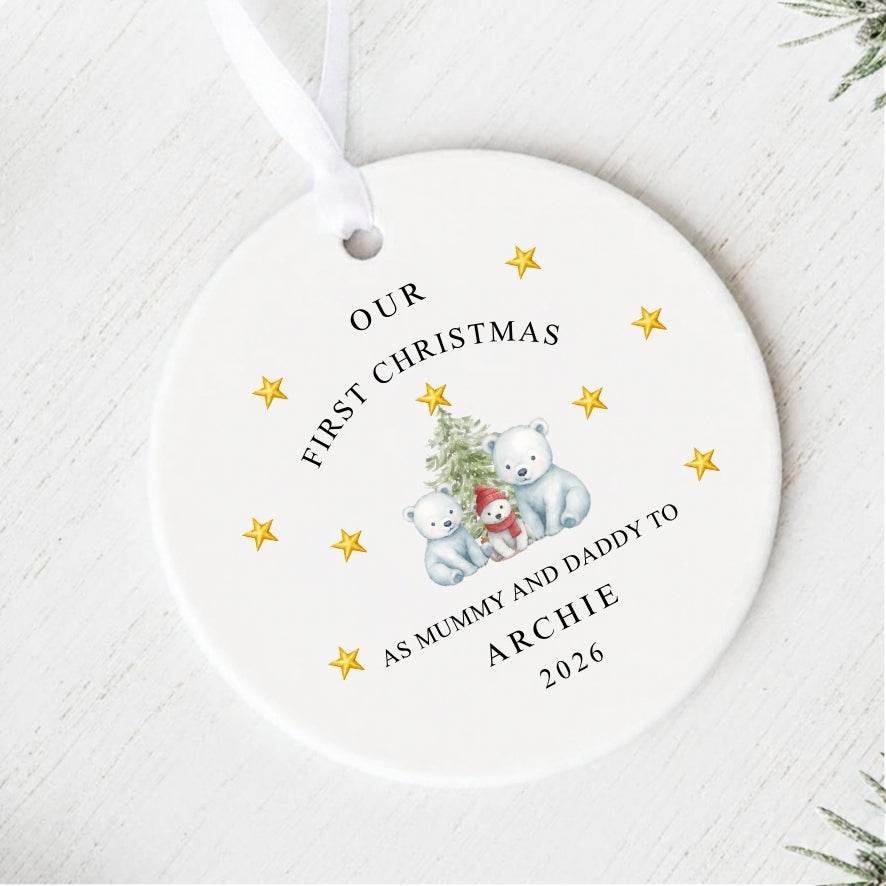 Personalised First Christmas As Mummy & Daddy To Baby Ceramic Bauble