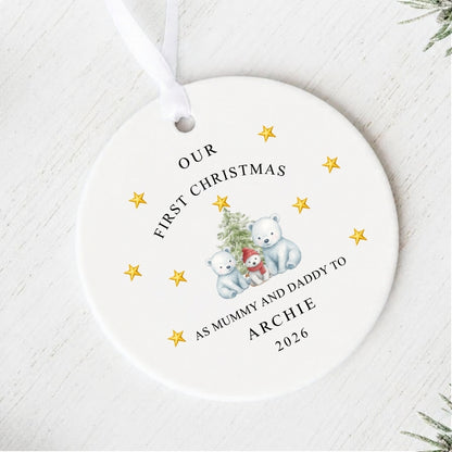 Personalised First Christmas As Mummy & Daddy To Baby Ceramic Bauble